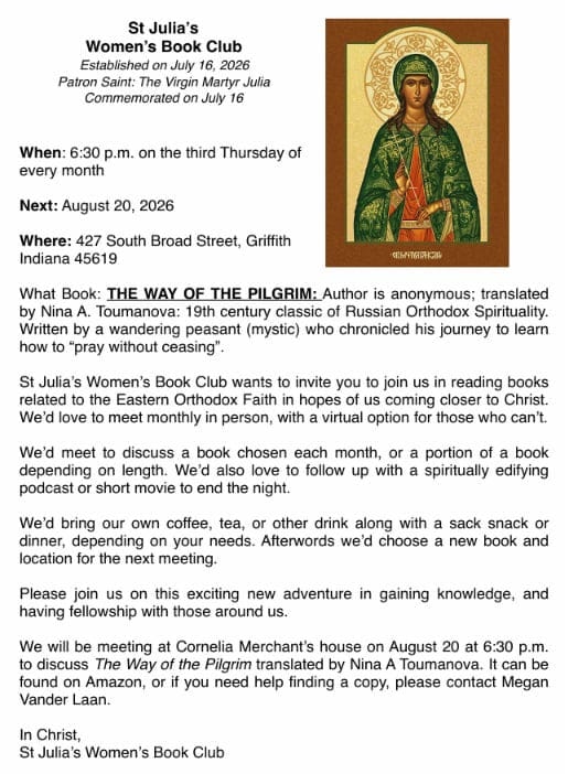 St Julia's Women's Book Club flyer — meeting details, current book The Way of the Pilgrim, and icon of Saint Julia