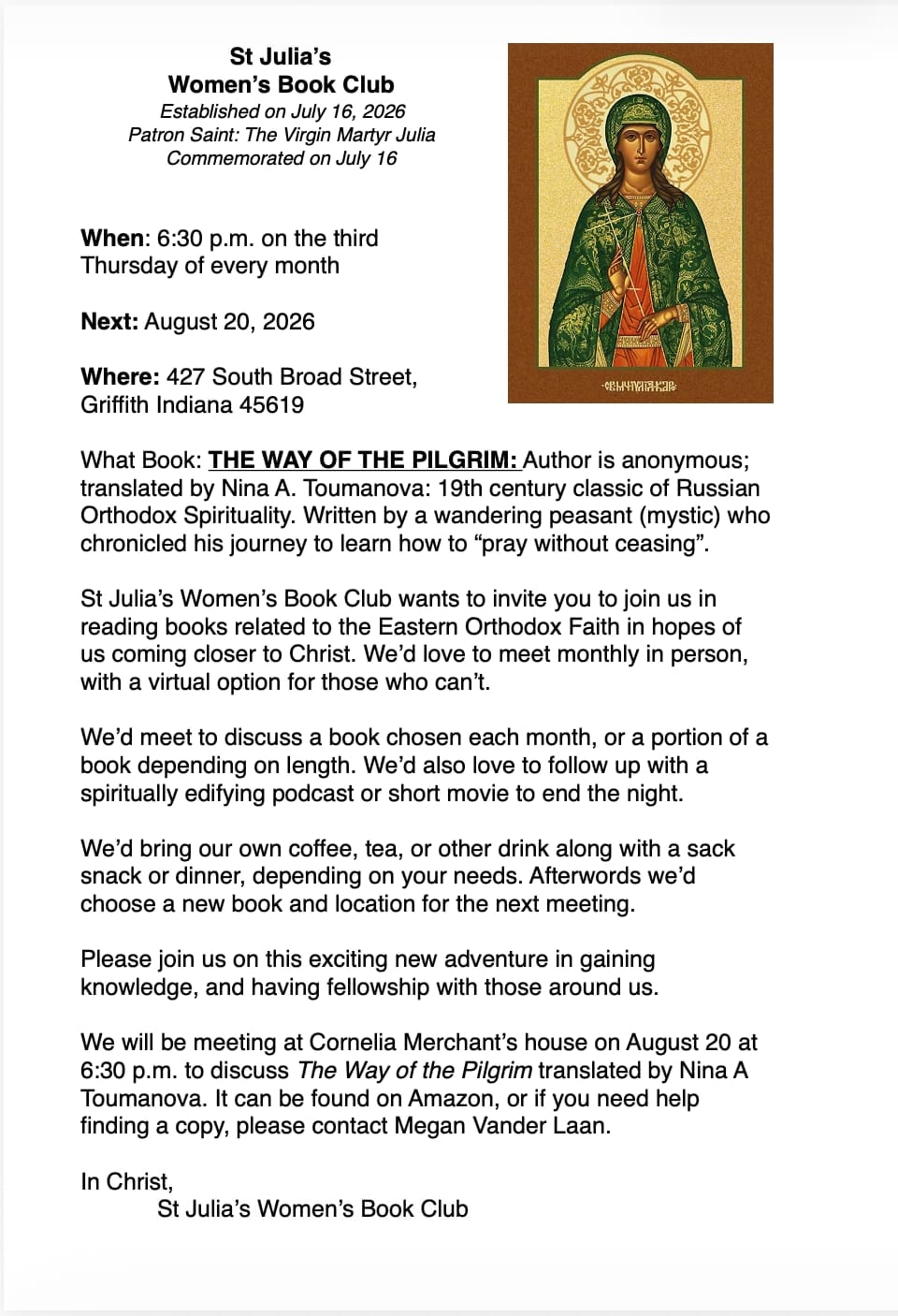 St Julia's Women's Book Club open invitation — August 20 meeting at Cornelia Merchant's home, The Way of the Pilgrim
